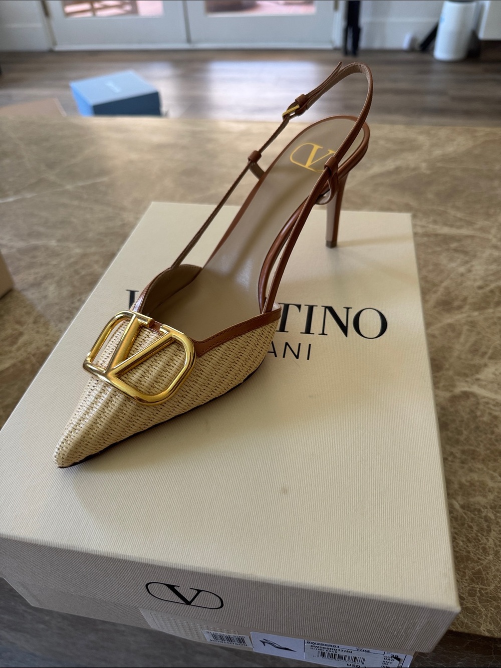 Valentino VOLGO Pointed Toe Slingback Heel with Gold Buckle